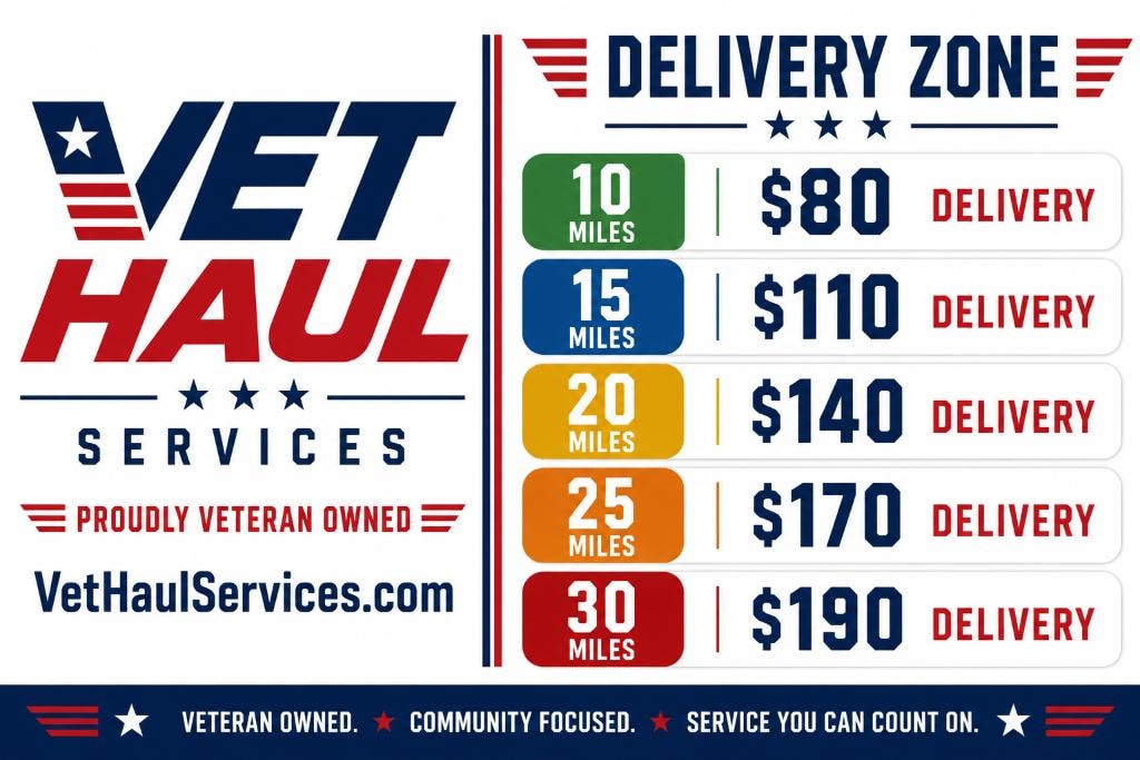 Vet Haul delivery zone pricing chart