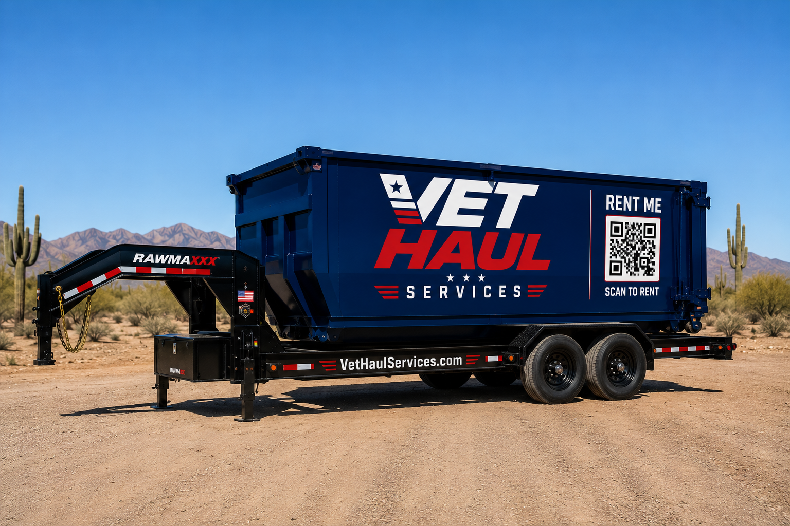 Vet Haul Services branded 15-yard roll-off dumpster on trailer